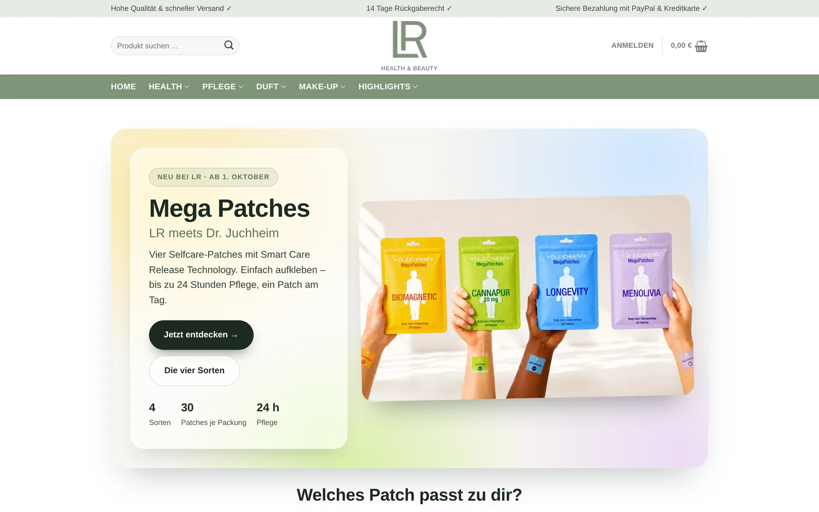 LR Produkte 24: Onlineshop mit den neuen Mega Patches von LR meets Dr. Juchheim auf der Startseite
