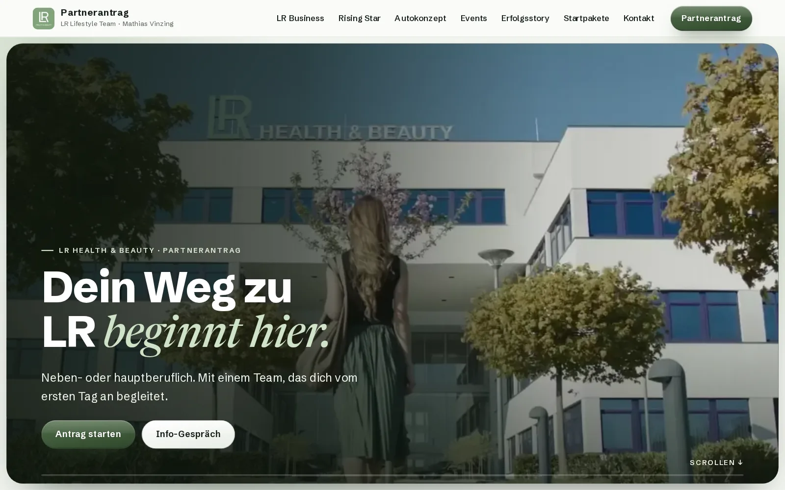 LR Partnerantrag: Startseite mit dem LR-Firmensitz und dem Satz Dein Weg zu LR beginnt hier