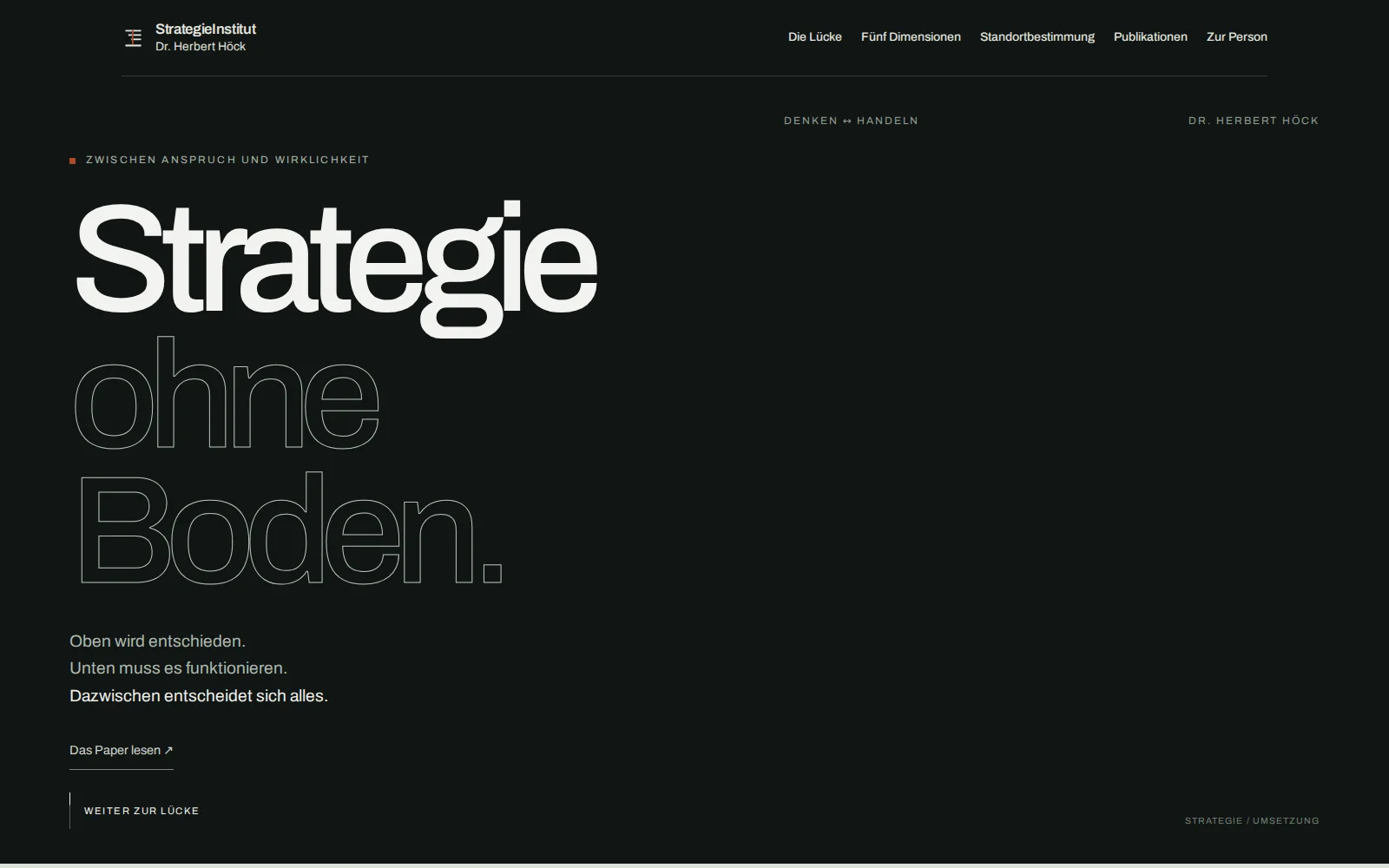 StrategieInstitut: dunkle Seite mit grosser Typografie und dem Titel Strategie ohne Boden